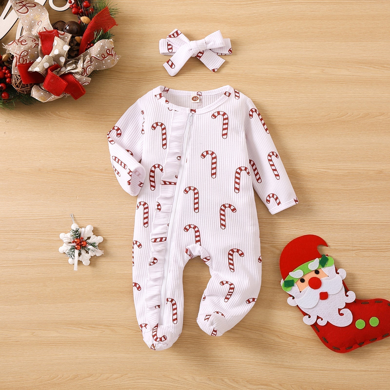 2PCS Lovely Organic Waffle Candy Cane Printed Baby Jumpsuit